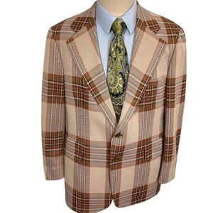 Hart Schaffner Marx Blazer Mens 42R Beige Blanket Plaid Escadrille Wool VTG